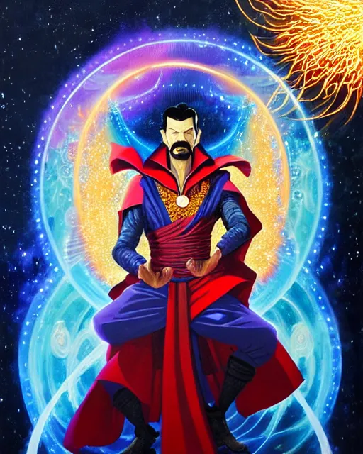 Image similar to a thangka portrait of dr. strange with glow, surrounded with spiriling sparkling flash crystals and galaxies, by jesper ejsing, aleksi briclot, hyper light drifter, by ilya kuvshinov katsuhiro, jim burns, ed emshwiller, greg rutkowski, trending on artstation