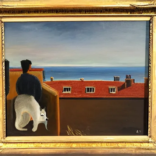 Image similar to the cat is sitting on the roof and looking at the bay and the fortress, oil painting