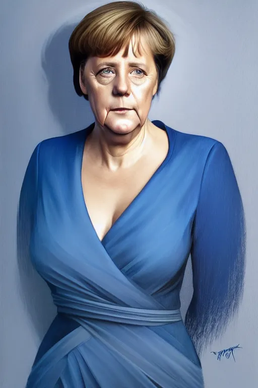 Image similar to angela merkel in a thin blue dress, realistic portrait, symmetrical, highly detailed, digital painting, artstation, concept art, smooth, sharp focus, illustration, cinematic lighting, art by artgerm and greg rutkowski and alphonse mucha