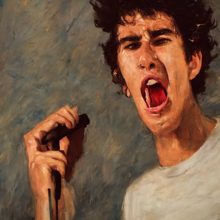 Image similar to warmly lit close up studio portrait of young angry! teenage Cosmo Kramer angrily singing, impasto oil painting thick brushstrokes by Cy Twombly and Anselm Kiefer , trending on artstation dramatic lighting Expressionism