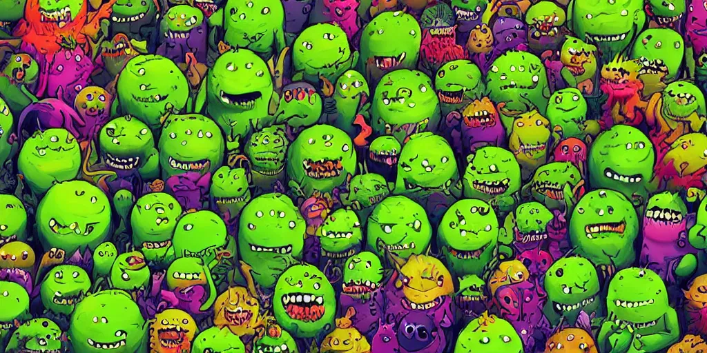 Prompt: an army of cute different green tennis ball monsters, colorful, digital art, fantasy, magic, chalk, trending on artstation, ultra detailed, detailed, fine details, professional illustration by basil gogos