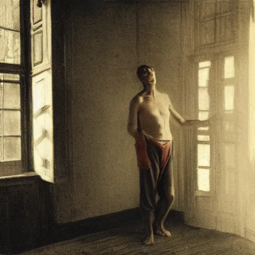 Prompt: person in pyjamas standing near window, sun rays, daylight, french door window, 2 4 mm, anamorph lenses, photorealistic, high ceiling, style by thomas eakins