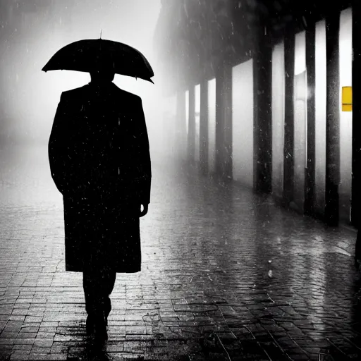 Image similar to A dramatic portrait of a detective in yellow rain coat , red umbrella , walking in a black and white street . Cinematic lighting