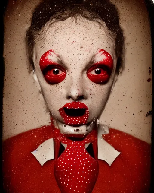 Image similar to hyperrealistic anthropomorphic red and white polka dotvenus fly trap luscious lips creepy wet tongue photography portrait tin type