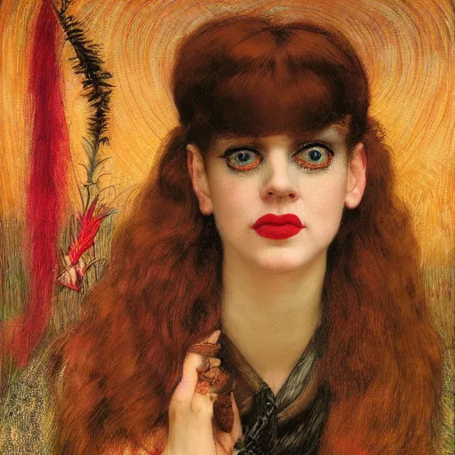 Image similar to portrait of a hybrid of judy garland and lady gaga, marfan syndrome, full lips, downward slanting eyes, with a brown fringe, holman hunt, john william waterhouse, kilian eng, rosetti, john everett millais, william holman hunt, 4 k