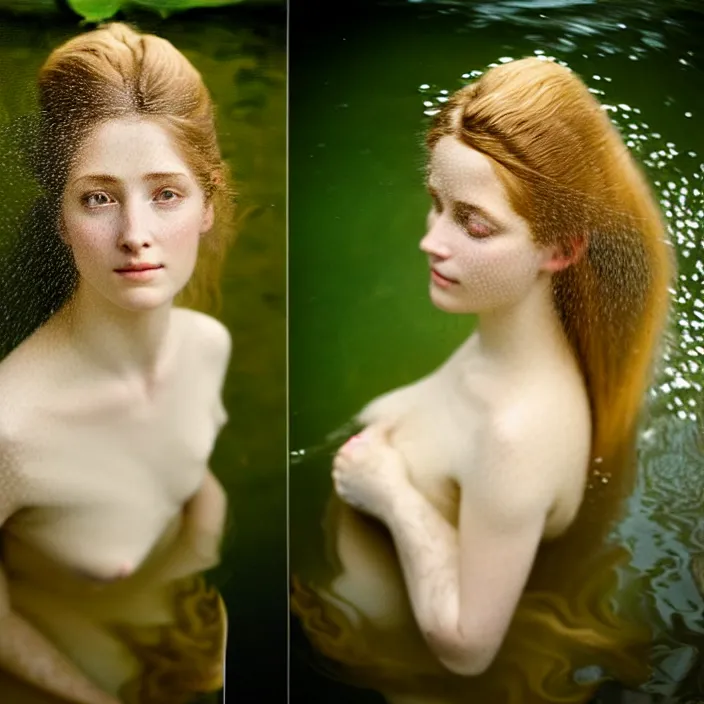 Image similar to Kodak Portra 400, 8K, soft light, volumetric lighting, highly detailed, britt marling style 3/4 ,portrait photo of a beautiful woman how pre-Raphaelites painter, the face emerges from the water of a pond with water lilies, half face and hair are immersed in water, a beautiful lace dress and hair are intricate with highly detailed realistic beautiful flowers , Realistic, Refined, Highly Detailed, natural outdoor soft pastel lighting colors scheme, outdoor fine art photography, Hyper realistic, photo realistic