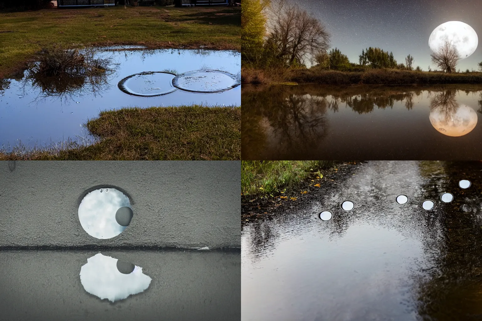 Prompt: photo of a water puddle with the reflection of multiple moons