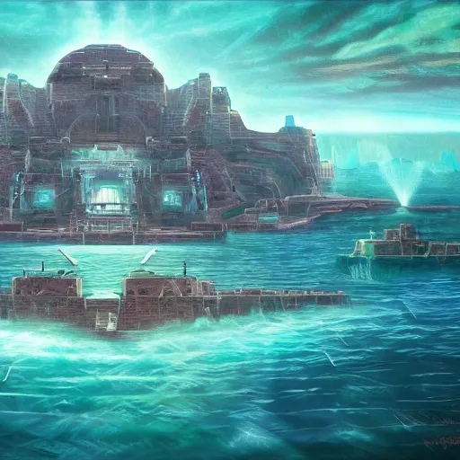 Image similar to ancient atlantis, retrowave epic art, trending on art station