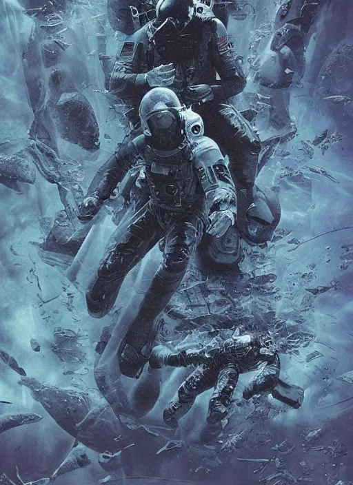 Prompt: astronauts in dark void underwater - complex and hyperdetailed technical suit. reflection and dispersion materials. rays and dispersion of light. volumetric light. f / 3 2. noise film photo. flash photography. ultra realistic, wide angle. poster by wayne barlowe, hajime sorayama aaron horkey, craig mullins