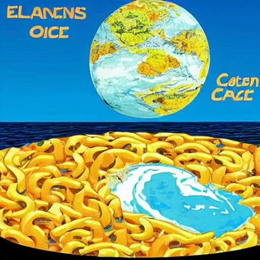 Prompt: On the flat earth, the oceans are prevented from falling off the edge by a giant wall made of macaroni and cheese.