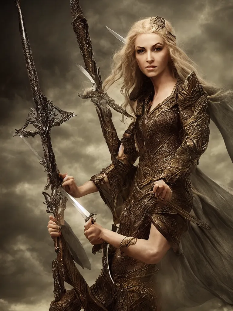 Prompt: an incredible alluring elven goddess holding a mystical sword by weta digital