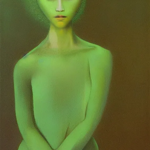 Image similar to young female in green dress, painting by Beksinski