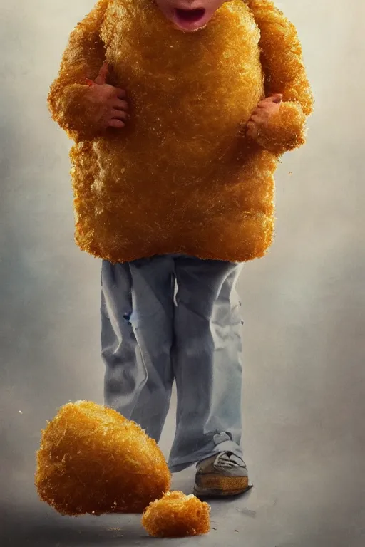 Image similar to channing tatum in a tater tot costume, oil on canvas, intricate, 8 k highly professionally detailed, hdr, cgsociety