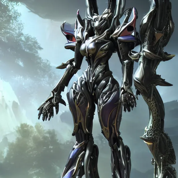 Image similar to extremely detailed front shot of a giant 1000 meter tall beautiful stunning saryn prime female warframe goddess, that's an anthropomorphic hot robot mecha female dragon, silver sharp streamlined armor, detailed head, sharp claws, glowing Purple LED eyes, sitting cutely in the background, rump on top of a mountain below her, a tiny forest with a village in the foreground, in front of her, fog rolling in, dragon art, warframe fanart, Destiny fanart, micro art, macro art, giantess art, fantasy, goddess art, furry art, furaffinity, high quality 3D realistic, DeviantArt, artstation, Eka's Portal, HD, depth of field