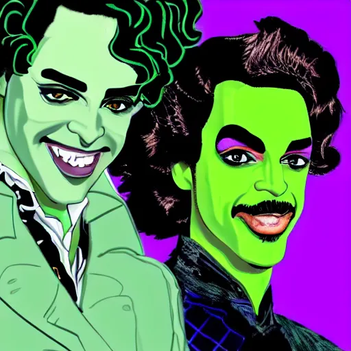 Image similar to an illustration of prince as two face. half his face is white with green hair.