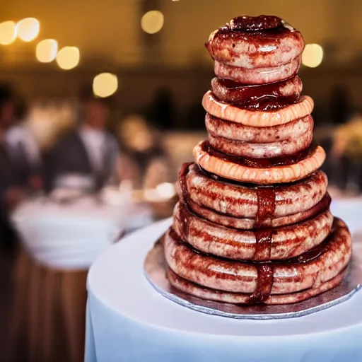 Image similar to a wedding cake made of meat and sausages with ketchup sauce. During wedding. Highly detailed 8k