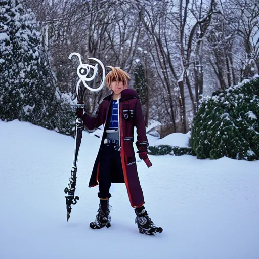 Image similar to of sora cosplay holding keyblade with snow background 35mm