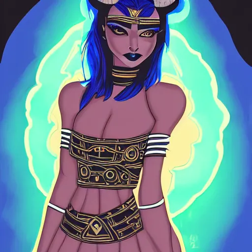 Image similar to illustrated portrait of ram-horned devil woman with blue bob hairstyle and hex #FFA500 colored skin tone and with solid black eyes wearing leather by rossdraws