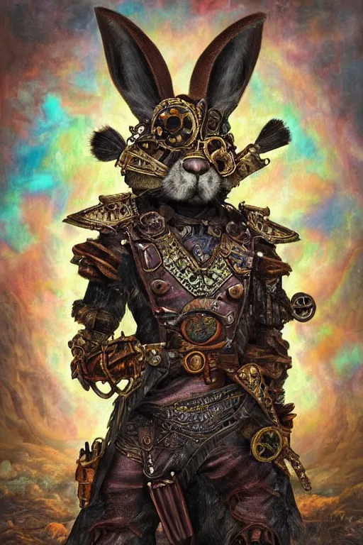 Image similar to ultra realist soft painting of a steampunk rabbit berserker warrior, very intricate details, rainbow lighting, symmetry features