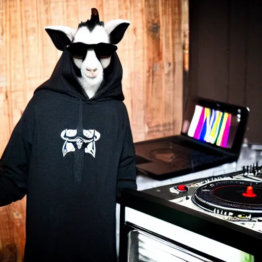 Prompt: a goat wearing a dark hooded cloak and sunglasses on the dj decks