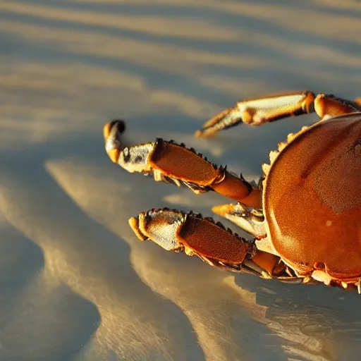 Image similar to crab ( holding a knife in its claw ) nature photography, golden hour