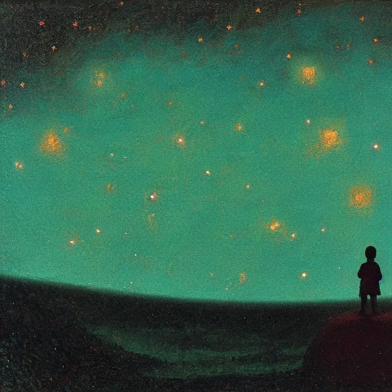 Prompt: a small figure staring at the stars, warn lighting, glowing, arkhip kuindzhi painting, teal palette, eschaton