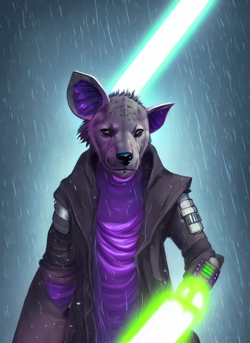 Image similar to beautiful portrait commission of a male furry anthro hyena fursona wearing jedi robes and wielding a purple lightsaber in a cyberpunk city at night in the rain. character design by charlie bowater, ross tran, artgerm, and makoto shinkai, detailed, inked, western comic book art