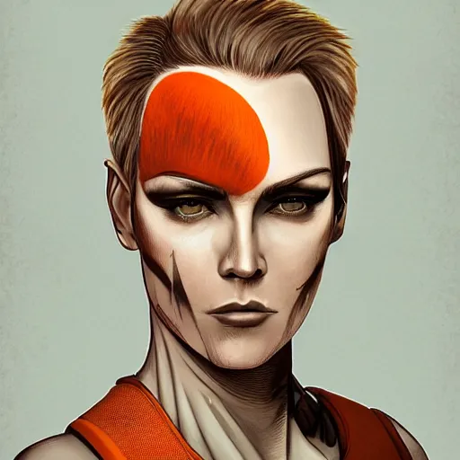 Image similar to character concept art of heroic stoic emotionless butch blond handsome woman space explorer with detailed tribal chin tattoos, dirty and injured, very short slicked - back butch hair, narrow eyes, wearing atompunk jumpsuit, orange safety vest, retrofuture, highly detailed, science fiction, illustration, oil painting, realistic, lifelike, pulp sci fi, cinematic