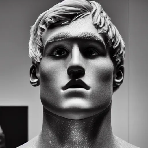 Image similar to a realistic detailed photo of a guy who is an attractive humanoid who is half robot and half humanoid, who is a male android, youtuber jake paul and logan paul, shiny skin, posing like a statue, blank stare, at the museum, on display