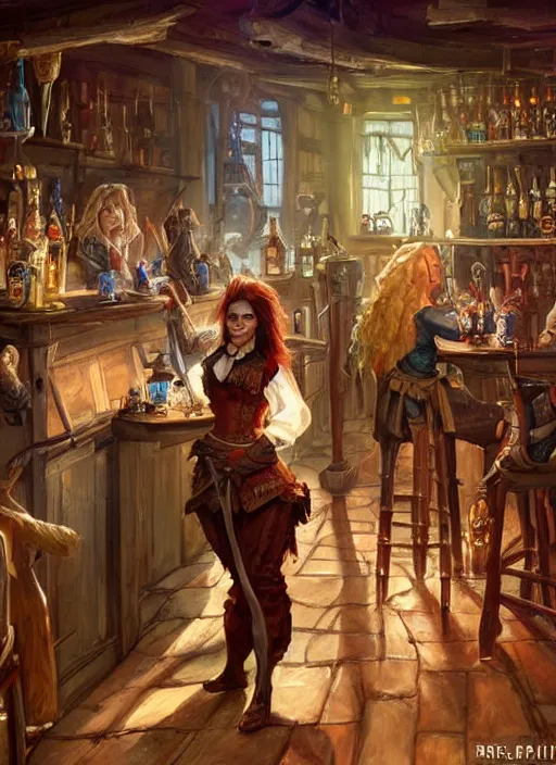 Image similar to barkeep in a tavern, ultra detailed fantasy, dndbeyond, bright, colourful, realistic, dnd character portrait, full body, pathfinder, pinterest, art by ralph horsley, dnd, rpg, lotr game design fanart by concept art, behance hd, artstation, deviantart, hdr render in unreal engine 5