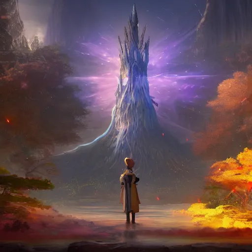 Image similar to a magical wizard in front of a big and mystical of a big and structured fantasy kingdom city, god rays, giant tree, portal to outer space digital art 8k, trending on artstation, anime, unreal engine