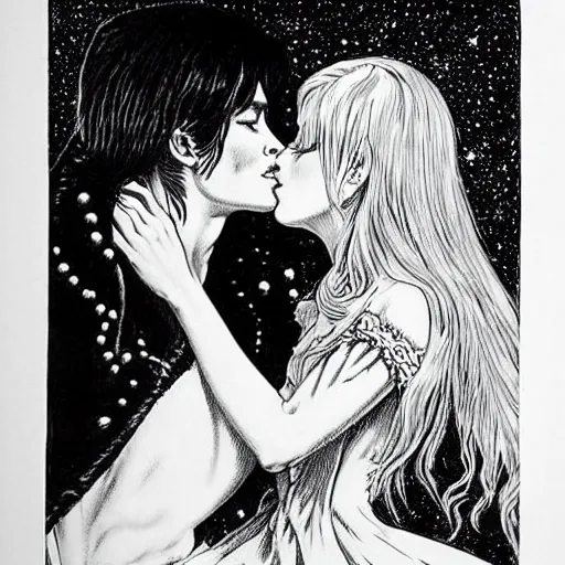 Image similar to 1 9 6 0 s drawing symmetrical pretty elegant brigitte bardot as a vampire kissing alain delon, very detailed intricate!!! intaglio, style of ( takato yamamoto )!!!, moon and stars