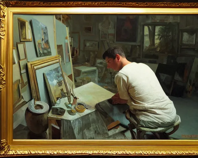Prompt: a painter in his studio painting a picture of a pepe the frog - key lighting, soft lights, foggy, by steve hanks, by lisa yuskavage, by serov valentin, by tarkovsky, 8 k render, detailed, oil on canvas