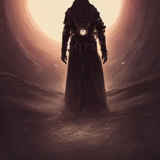 Image similar to hooded figure standing at the edge of reality gazing into the unknown, sunset on distant machine planet, steampunk, cyberpunk, detailed, smooth, sharp focus, artstation, artgerm, 4 k ultra hd, fantasy dark art