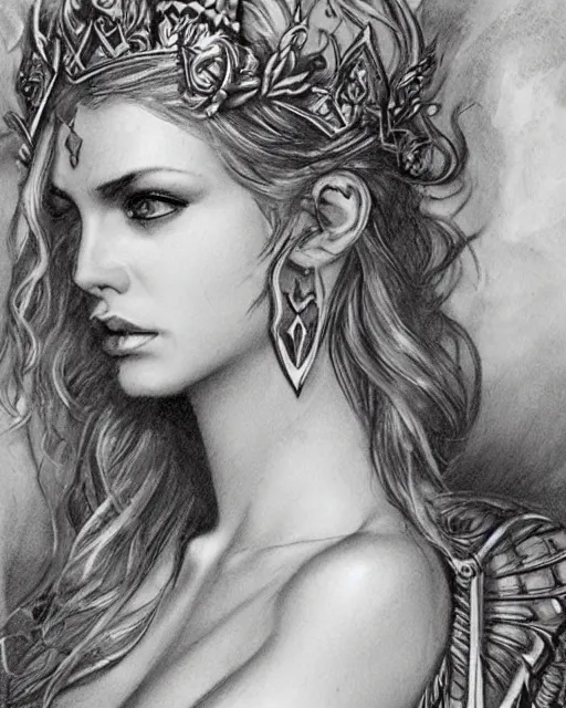 Image similar to tattoo design sketch of cute beautiful blonde super model as aphrodite greek goddess wearing a gold laurel wreath and triangle earrings, beautiful piercing gaze with sharp pupils, in the style of greg rutkowski, fantasy, amazing detail, epic, elegant, smooth, sharp focus, front view