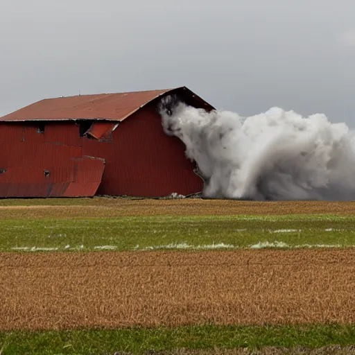 Image similar to a gray tornado in a flat field destroying a barn.