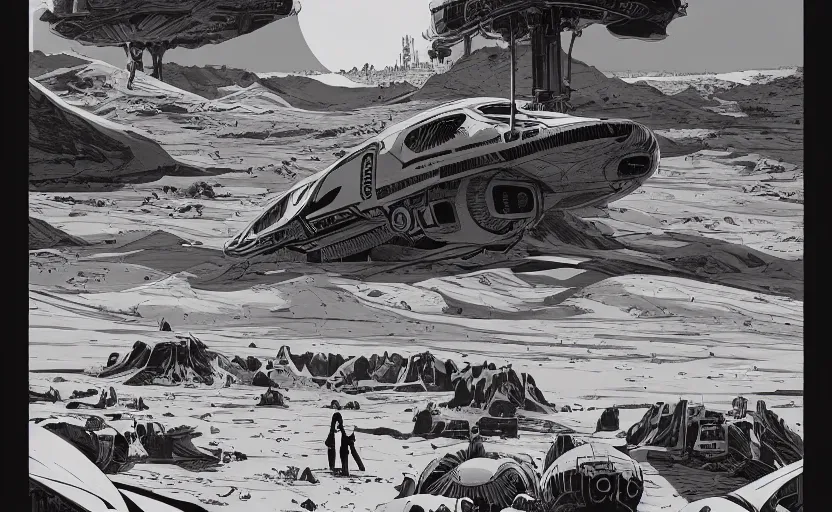 Image similar to very detailed, prophet graphic novel, ilya kuvshinov, mcbess, rutkowski, simon roy, illustration of a giant crashed space ship on a desert planet, wide shot