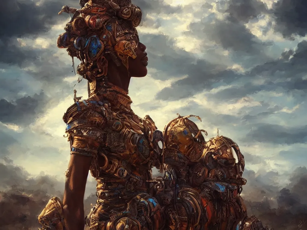 Image similar to a beautiful oil on canvas of an afrofuturistic warrior, beautiful, detailed, stunning. post - apocalyptic landscape in the background, epic sky, vray render, artstation,, pinterest, sci - fi, afrofuturism, 5 0 0 px models