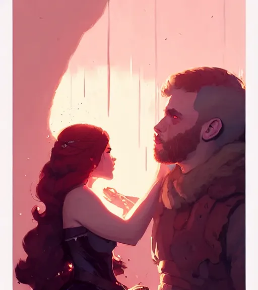 Image similar to portrait of jon kissing dany by atey ghailan, by greg rutkowski, by greg tocchini, by james gilleard, by joe fenton, by kaethe butcher, dynamic lighting, gradient light pink, brown, blonde cream and white color scheme, grunge aesthetic