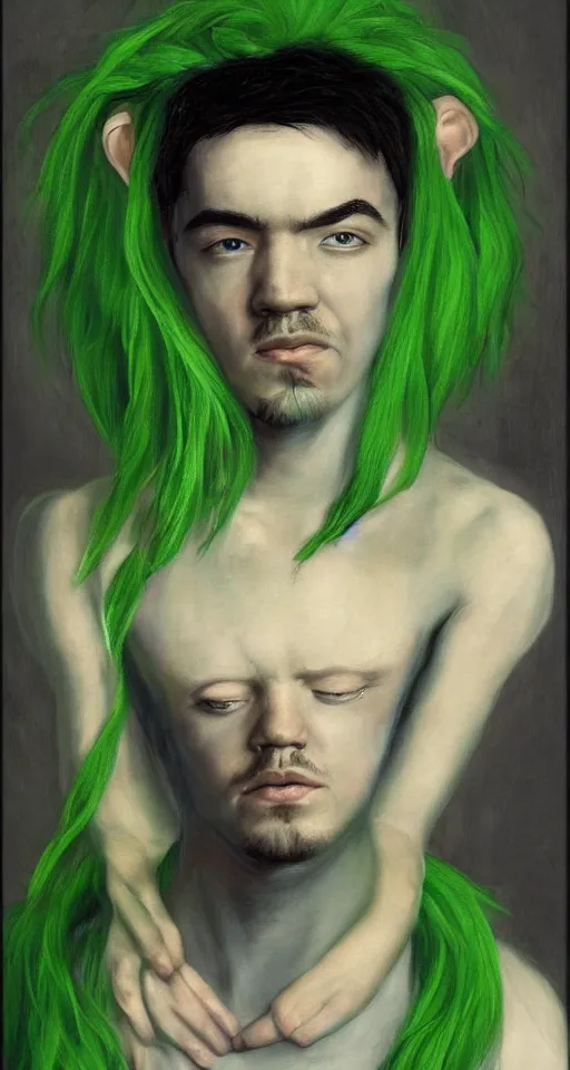 Prompt: jacksepticeye with dyed green hair renaissance portrait painting, chiaroscuro, oil paints on canvas