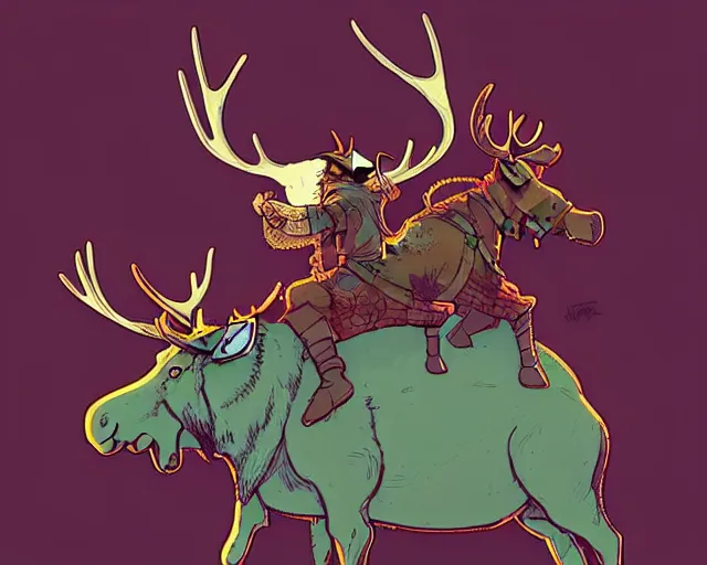 Image similar to cell shaded cartoon of a viking riding a moose, green mountain, subtle colors, post grunge, concept art by josan gonzales and wlop, by james jean, victo ngai, david rubin, mike mignola, deviantart, art by artgem