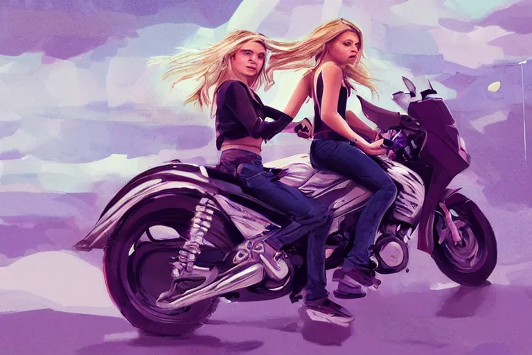 Image similar to chloe grace moretz is riding a motorbike, digital painting, artstation, the space background, concept art, illustration,