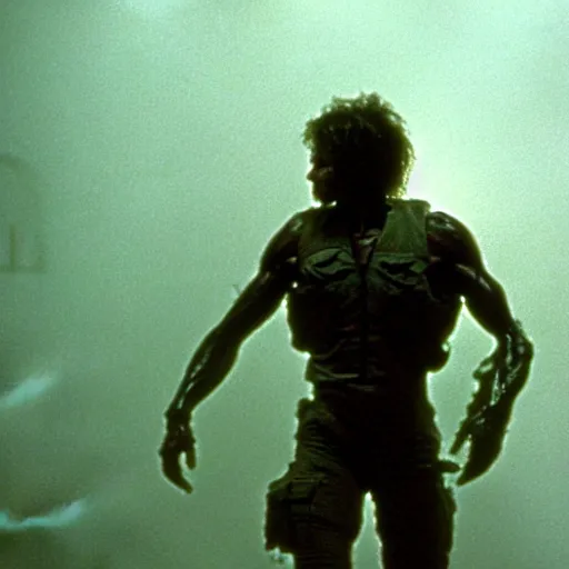 Image similar to tall muscular soldier with rock - like skin texture, still from the movie aliens, fog, dramatic lighting