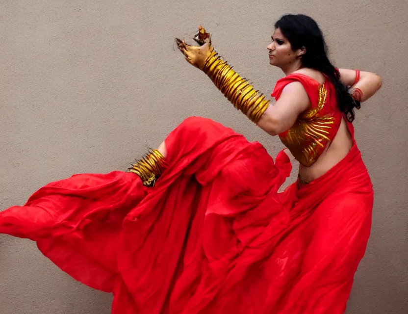 Prompt: half - human half - phoenix pyromancer in a red saree