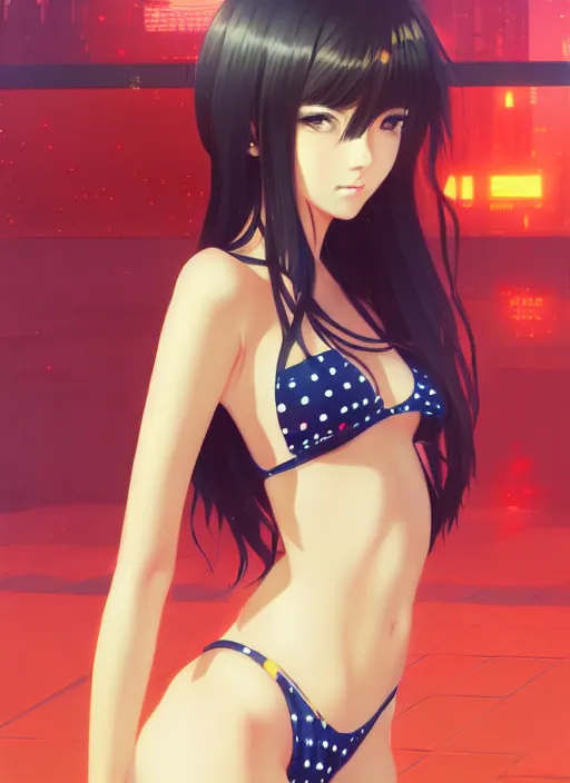 Image similar to portrait of beautiful young anime girl in bikini, cute-fine-face, pretty face, realistic shaded Perfect face, fine details. Anime, cyberpunk, Warhammer, highly detailed, artstation, illustration, art by Ilya Kuvshinov and Gustav Klimt