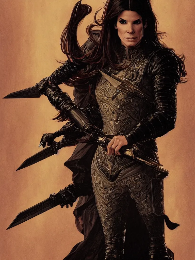 Prompt: portrait of a young sandra bullock as a thief wearing black leather armor and wielding a dagger in a dark alleyway, fantasy, intricate, elegant, highly detailed, digital painting, artstation, concept art, matte, sharp focus, illustration, art by travis charest and alphonse mucha