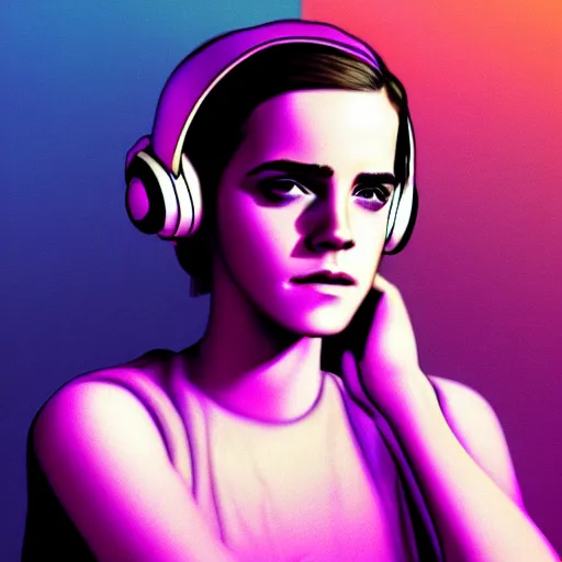 Image similar to synthwave emma watson wearing headphones, animated, trending on artstation, portrait