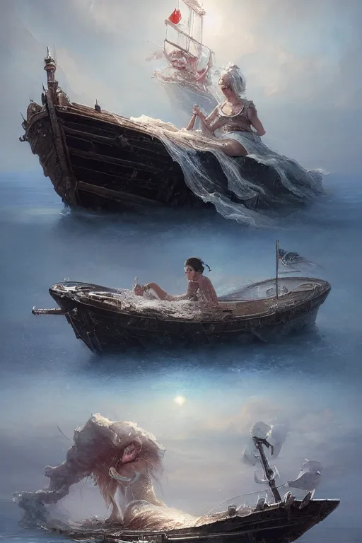 Image similar to breathtaking detailed soft painting of a drunken ship with mystical horrors, bathing in dreaming lactescent sea, alcohol with blue delirium skies, elegant, highly detailed, artstation, concept art, matte, sharp focus, art by tom bagshaw, and greg rutkowski
