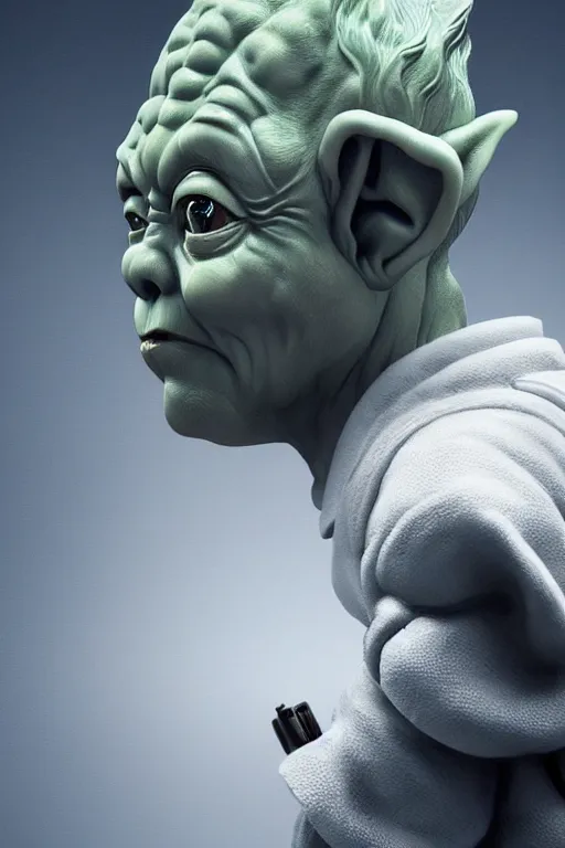 Image similar to digital masterpiece illustration concept art of porcelain statue elon musk as baby yoda, sideview waist up, extremely detailed and intricate complexity, epic composition, magical atmosphere, cinematic lighting, wide long shot, trending on artstation, 8 k