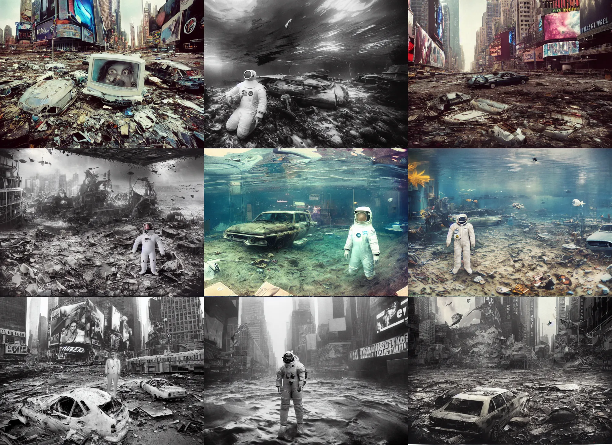 Prompt: very realistic underwater times square photographs of american white spacesuit chubby astronaut in postapocalyptic abandoned destroyed deep sea times square, wrecked buildings, destroyed flipped wrecked cars, underwater polaroid photo, vintage, neutral colors, underwater, by shawn heinrichs and gregory crewdson